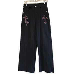 Hot Topic black red sequin cross embroidered wing wide leg jeans size 5